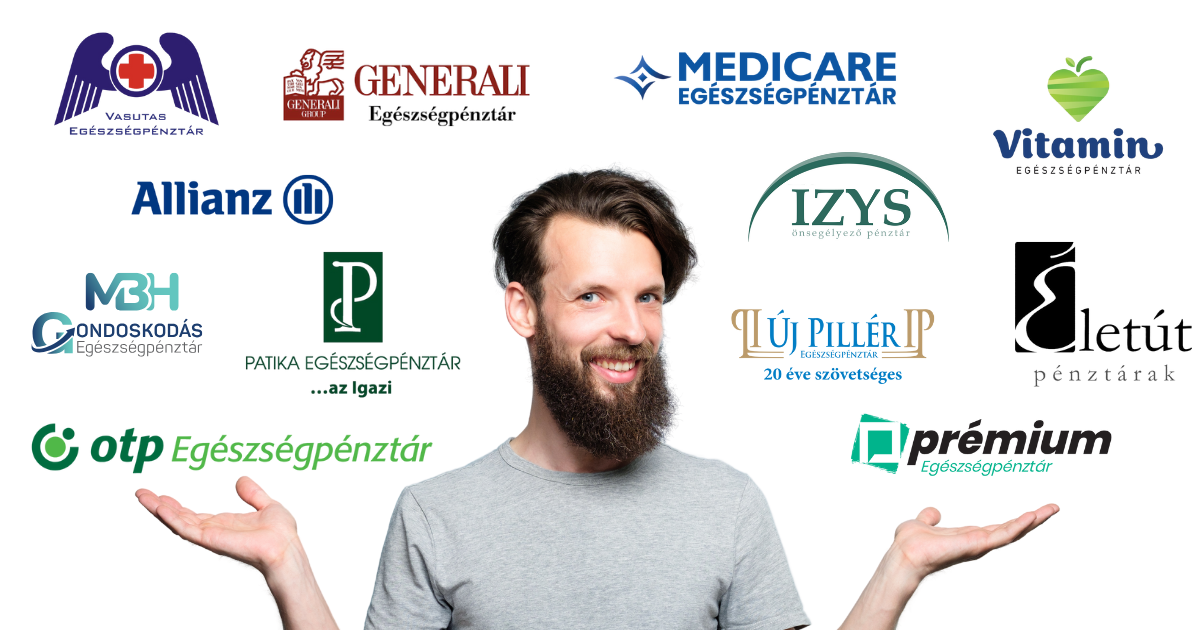 Egészségpénztárak összehasonlítása illusztráció – szakállas férfi mérlegként tartja 12 pénztár logóját
